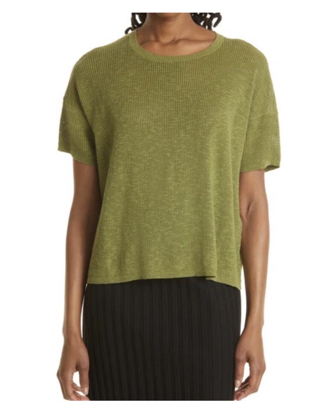 Eileen Fisher Jewel Neck Short Sleeve Organic Linen Blend Sweater, Green, Small